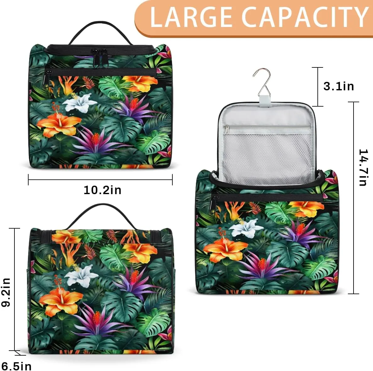 Tropical Flowers Palm Leaves Hanging Toiletry Bags Travel Makeup Bag Water-resistant Makeup Cosmetic Bag Travel Organizer