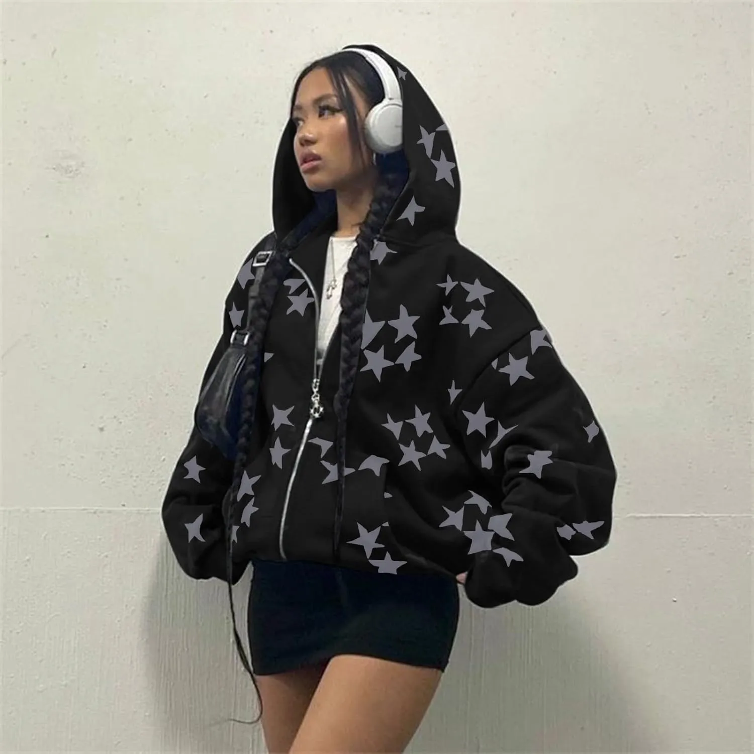 Tuislay Women Star Graphic Zip Up Hoodies Y2k for Teen Girls Oversized Streetwear E-Girl 90s Baggy Grunge Sweatshirt Jacket