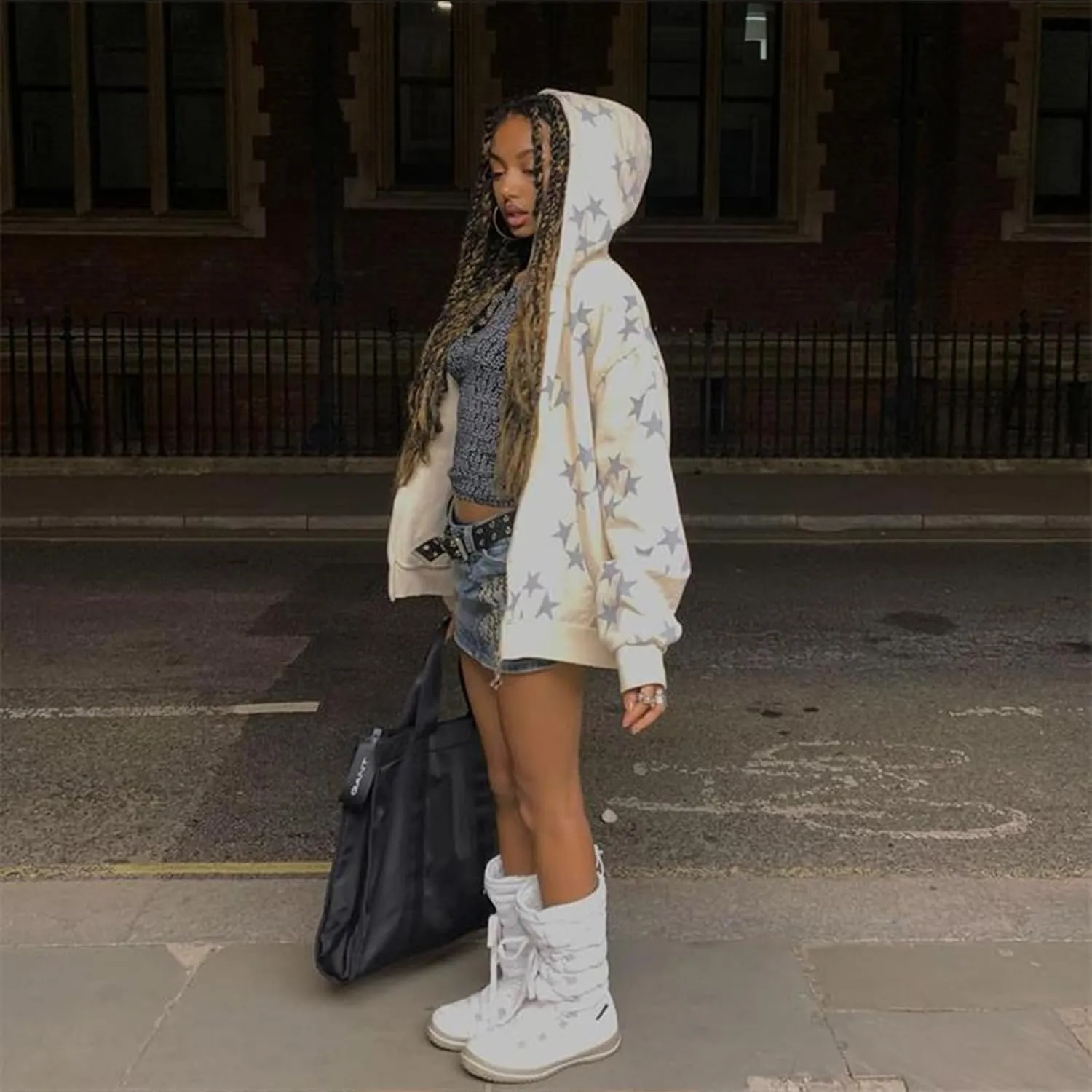 Tuislay Women Star Graphic Zip Up Hoodies Y2k for Teen Girls Oversized Streetwear E-Girl 90s Baggy Grunge Sweatshirt Jacket
