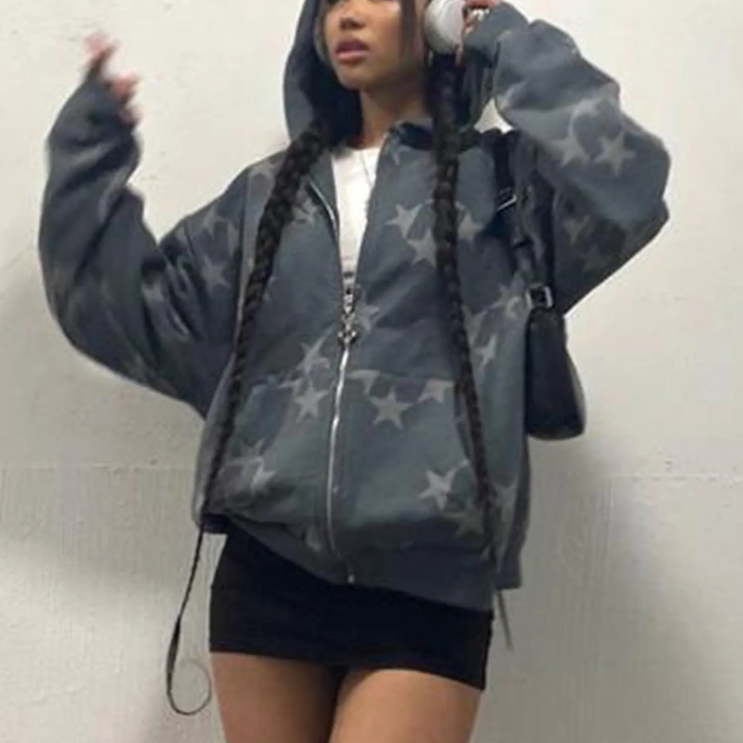 Tuislay Women Star Graphic Zip Up Hoodies Y2k for Teen Girls Oversized Streetwear E-Girl 90s Baggy Grunge Sweatshirt Jacket