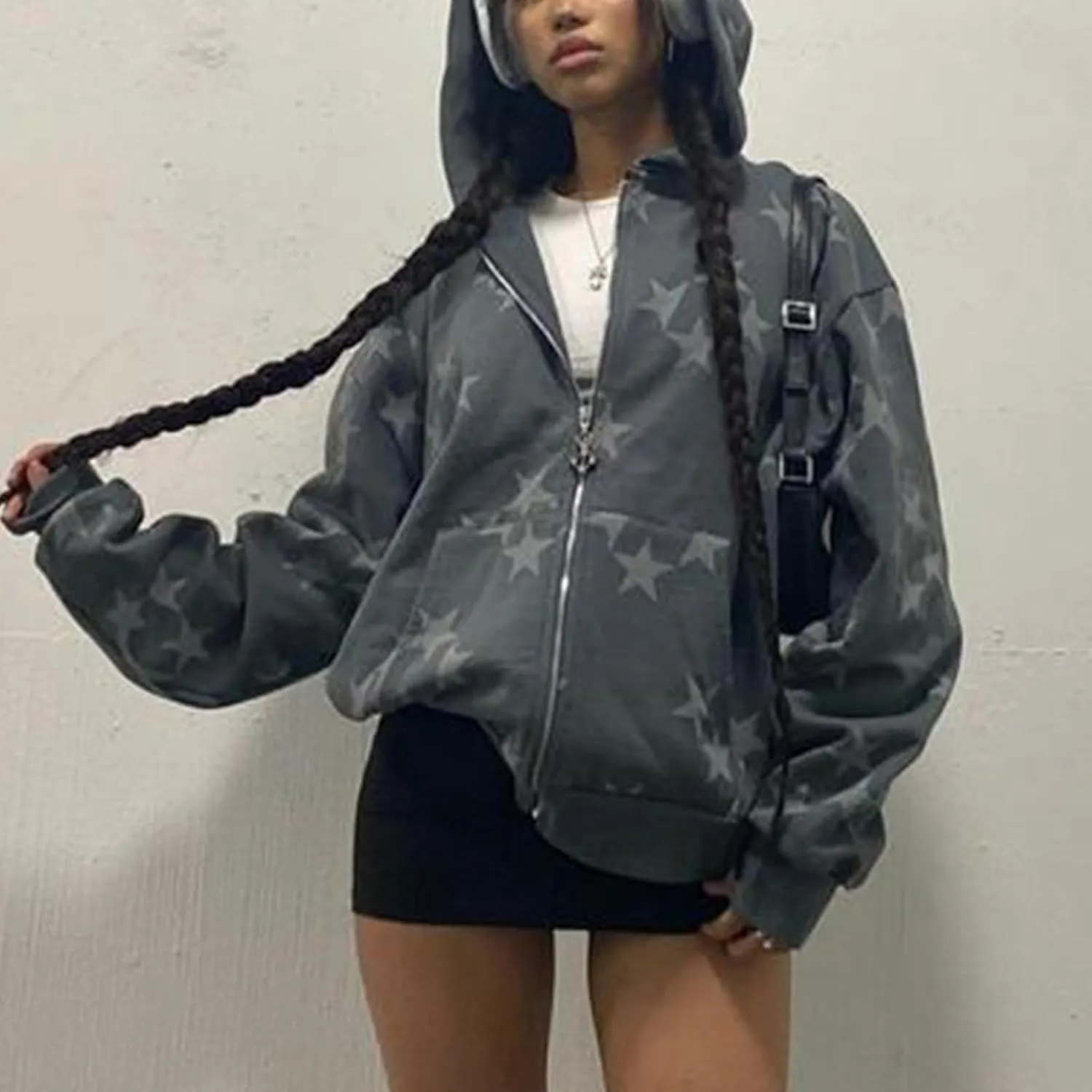 Tuislay Women Star Graphic Zip Up Hoodies Y2k for Teen Girls Oversized Streetwear E-Girl 90s Baggy Grunge Sweatshirt Jacket