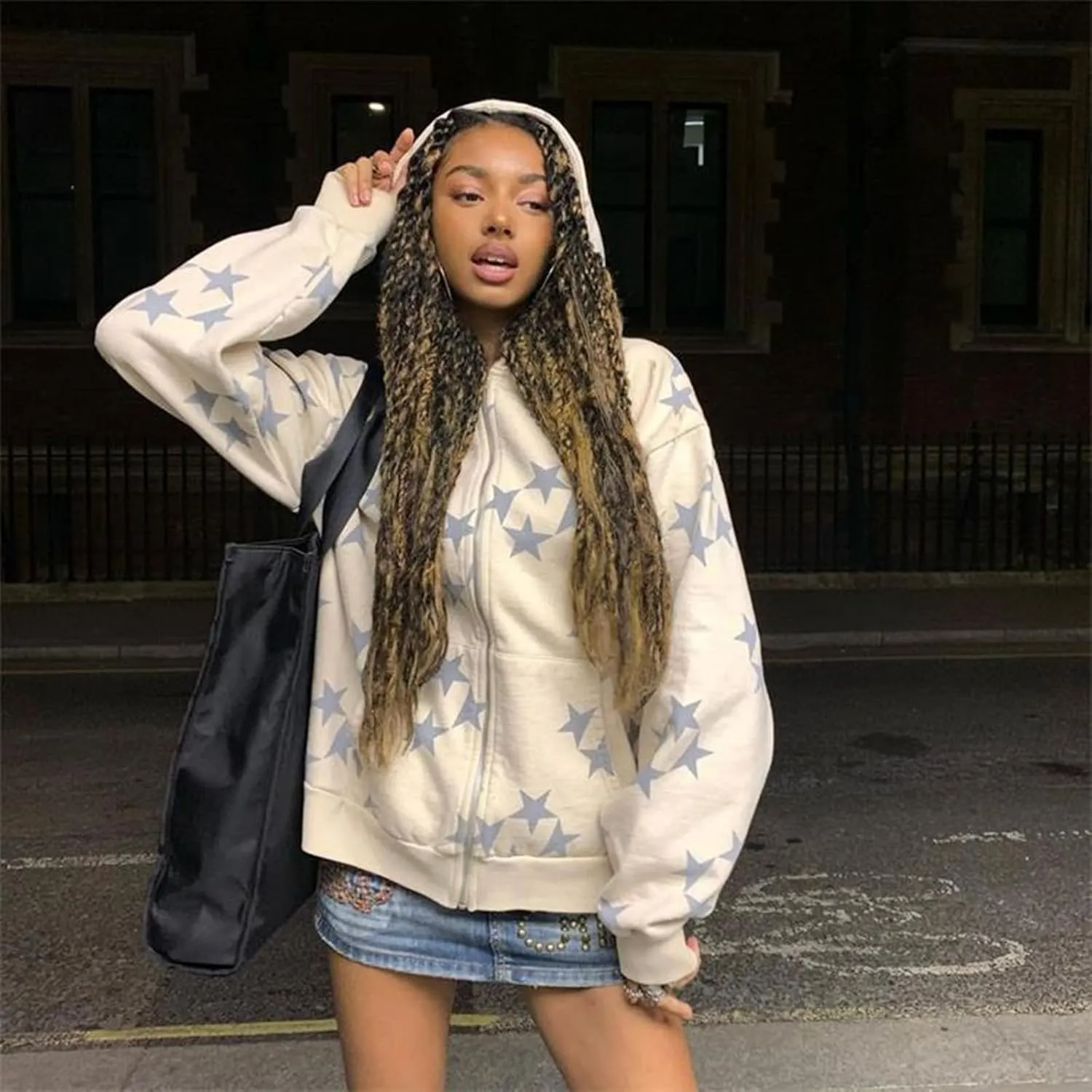 Tuislay Women Star Graphic Zip Up Hoodies Y2k for Teen Girls Oversized Streetwear E-Girl 90s Baggy Grunge Sweatshirt Jacket