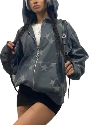 Tuislay Women Star Graphic Zip Up Hoodies Y2k for Teen Girls Oversized Streetwear E-Girl 90s Baggy Grunge Sweatshirt Jacket
