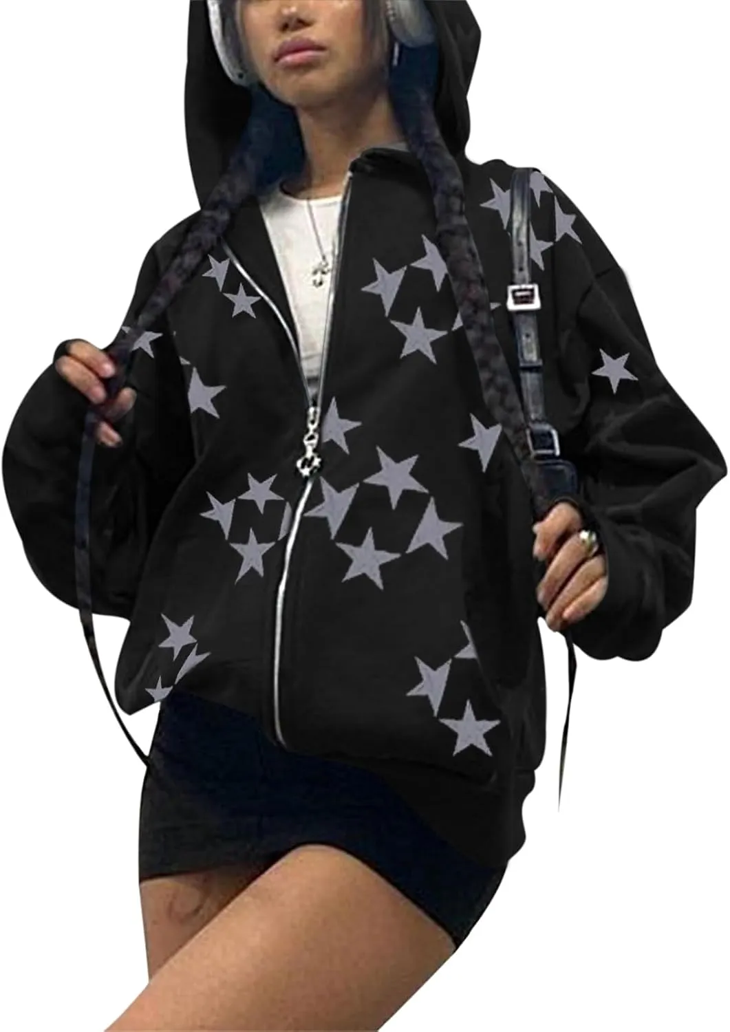 Tuislay Women Star Graphic Zip Up Hoodies Y2k for Teen Girls Oversized Streetwear E-Girl 90s Baggy Grunge Sweatshirt Jacket