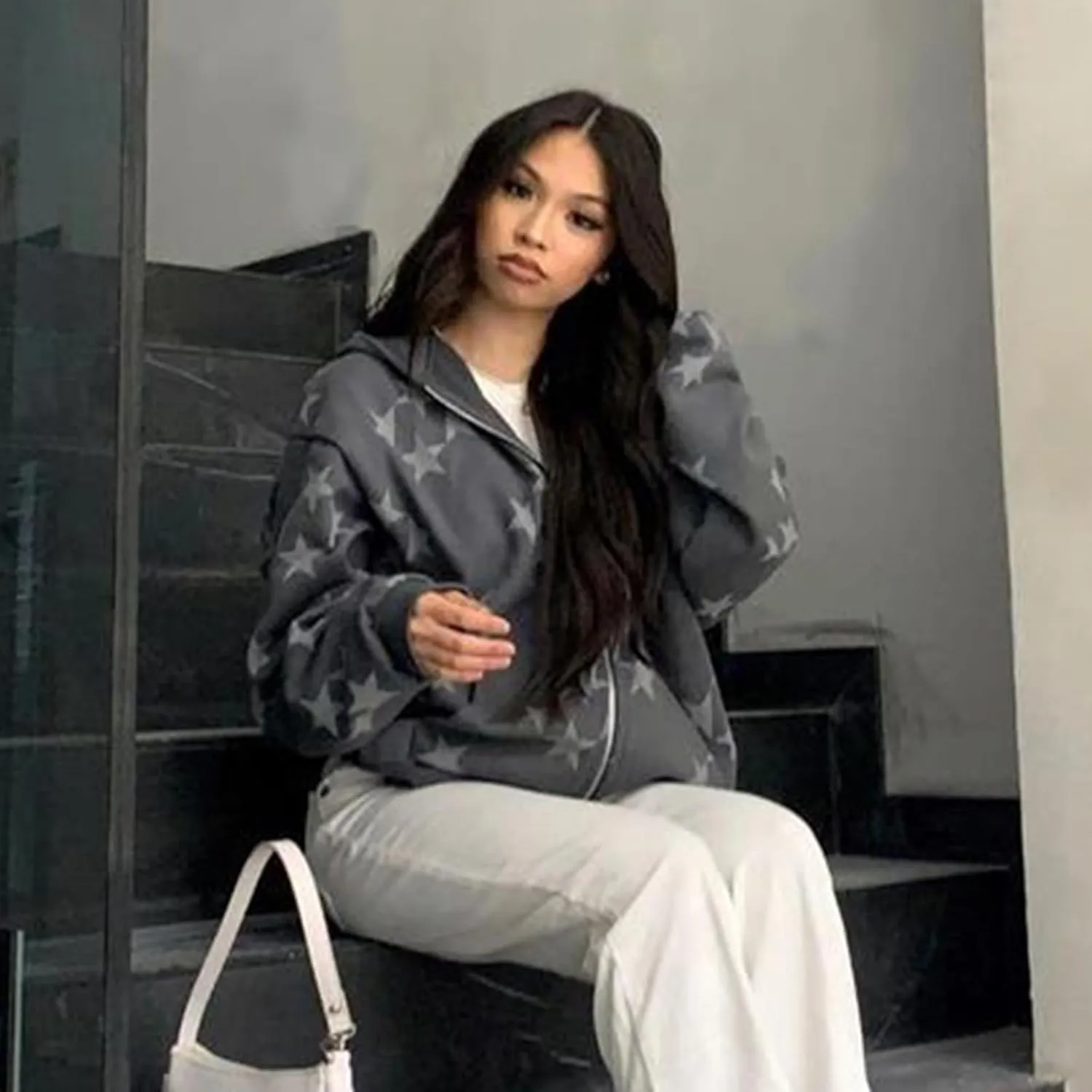 Tuislay Women Star Graphic Zip Up Hoodies Y2k for Teen Girls Oversized Streetwear E-Girl 90s Baggy Grunge Sweatshirt Jacket