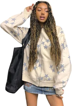 Tuislay Women Star Graphic Zip Up Hoodies Y2k for Teen Girls Oversized Streetwear E-Girl 90s Baggy Grunge Sweatshirt Jacket