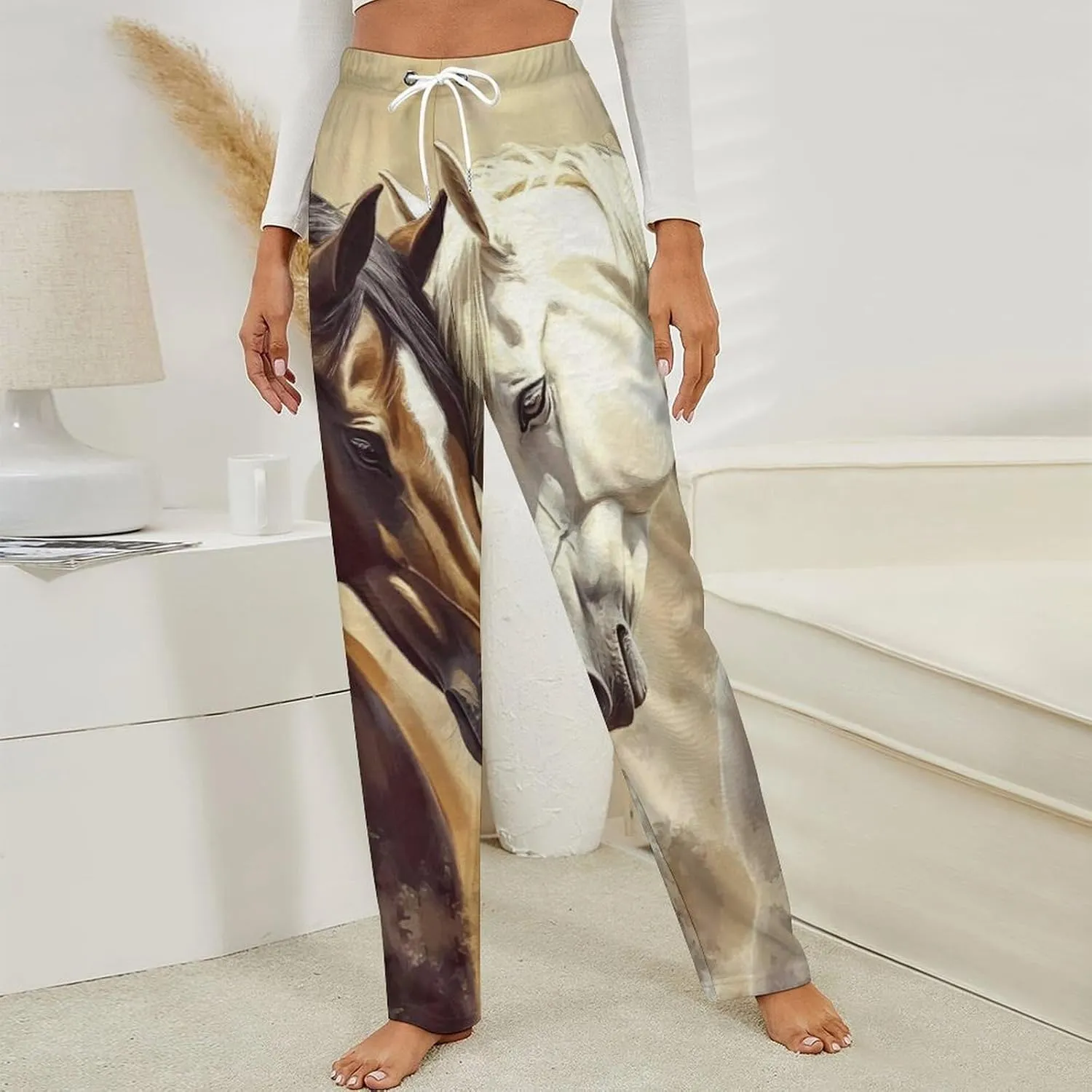 Two Horses Womens Flannel Pajama Pants Long Length Sleep Lounge Pants with Drawstring Belt Loungewear