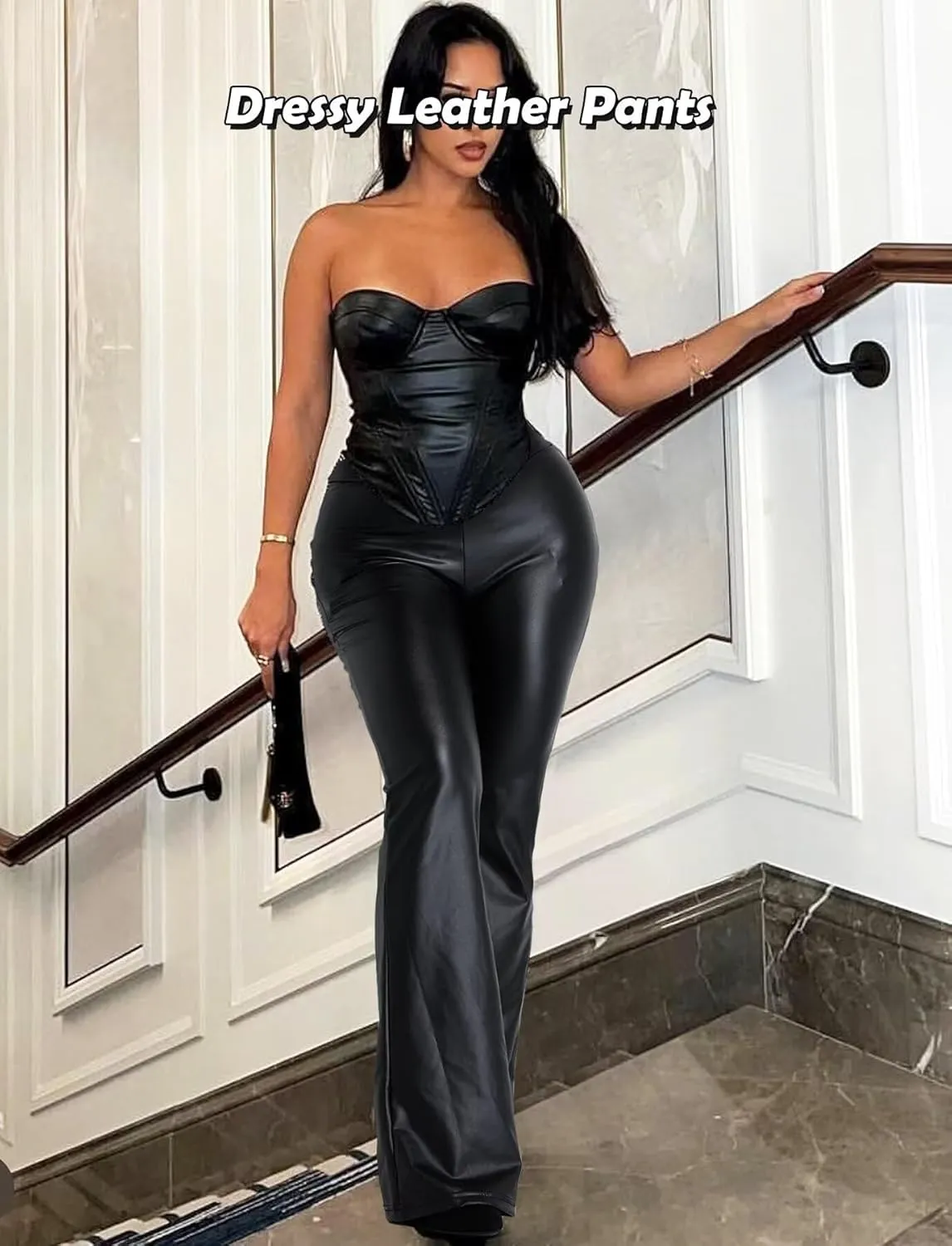 TZLDN Faux Leather Pants for Women Flare High Waisted Bell Bottom Leggings Pleather Pants PU Sexy Bootcut Long Pants