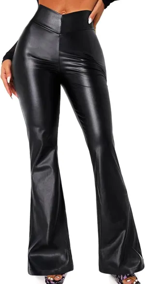TZLDN Faux Leather Pants for Women Flare High Waisted Bell Bottom Leggings Pleather Pants PU Sexy Bootcut Long Pants