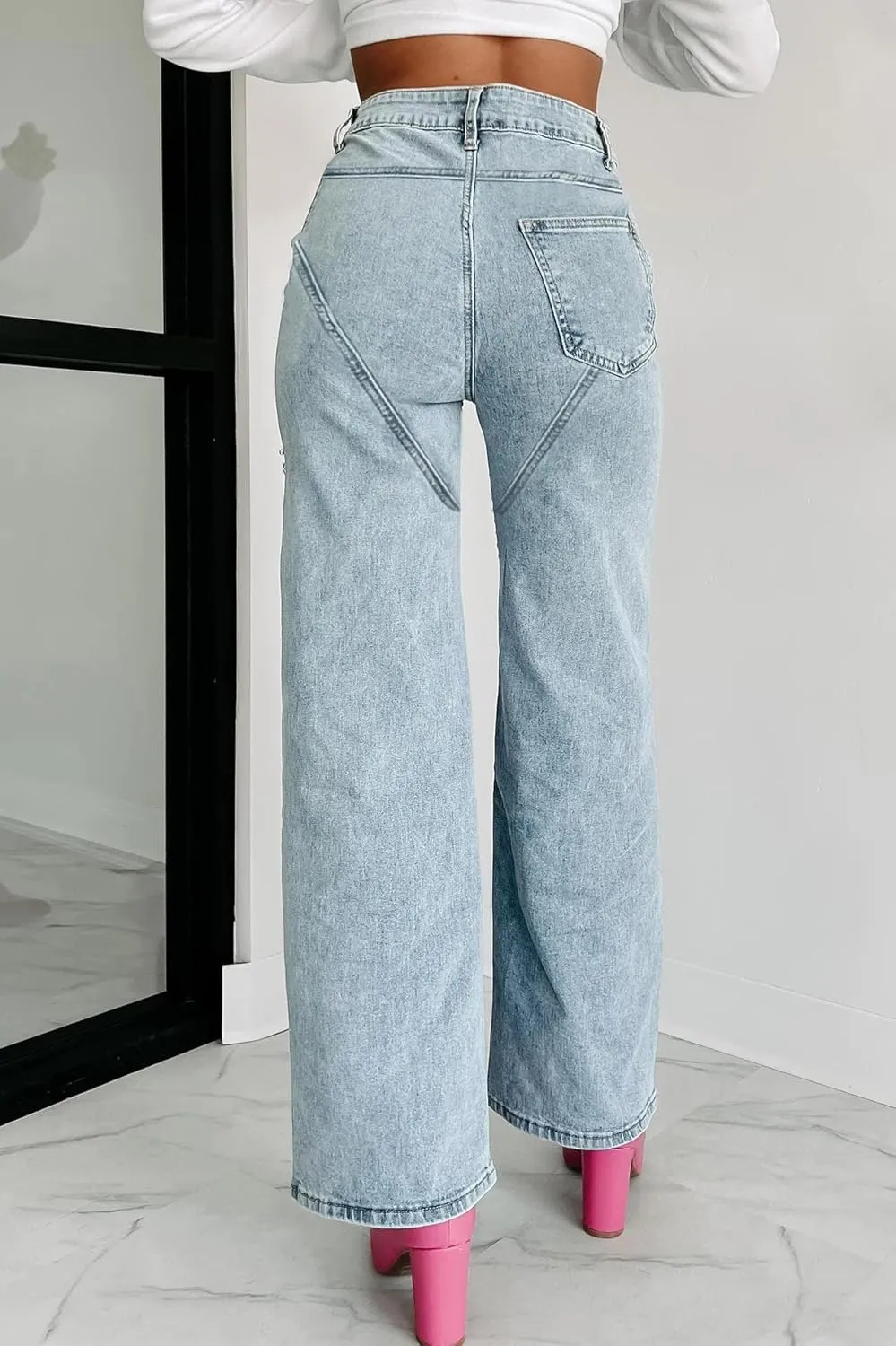 Unybwonn Women High Waist Baggy Ripped Jeans Rhinestone Trim Bling Denim Pants Y2k Straight Wide Leg Pants Streetwear
