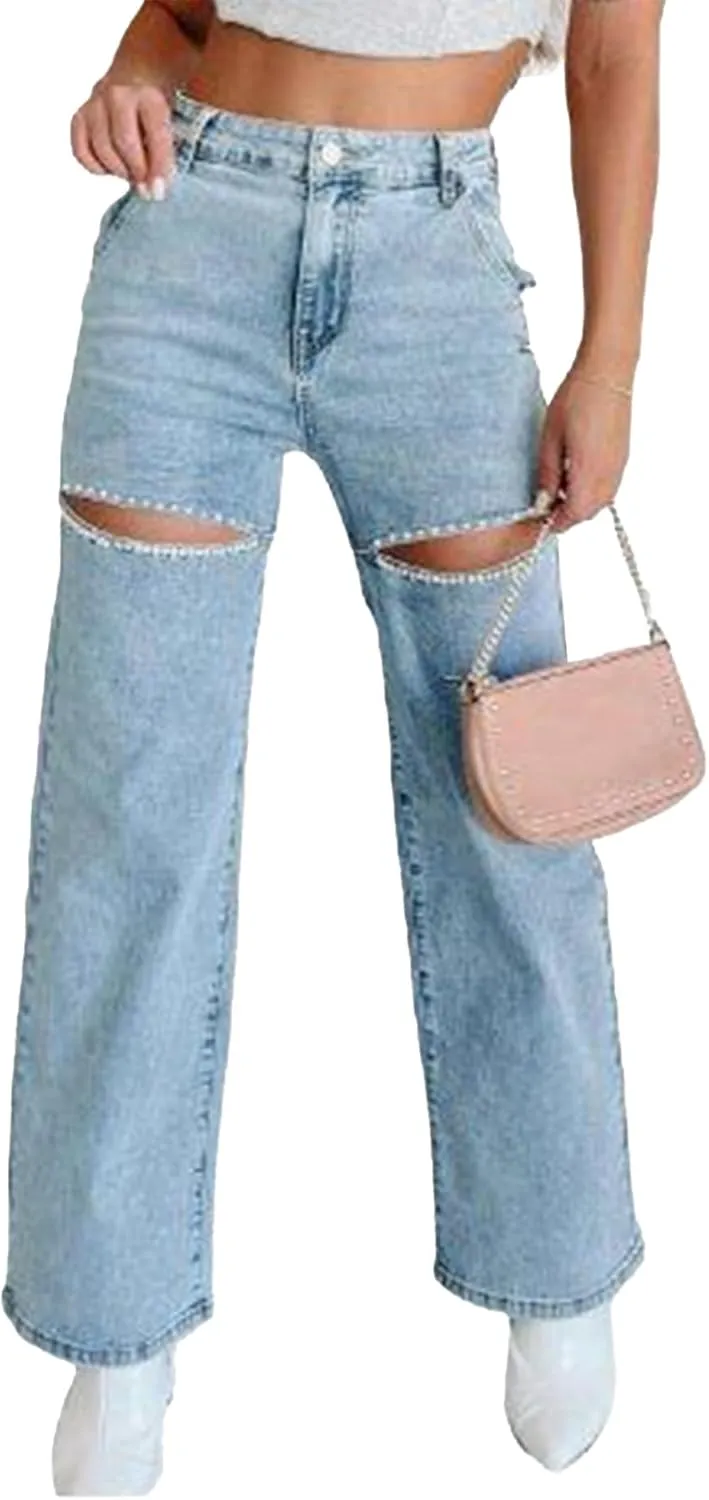 Unybwonn Women High Waist Baggy Ripped Jeans Rhinestone Trim Bling Denim Pants Y2k Straight Wide Leg Pants Streetwear