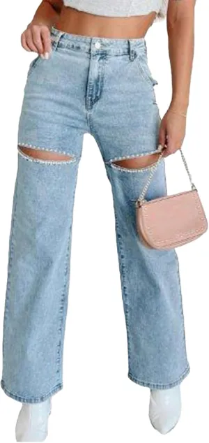 Unybwonn Women High Waist Baggy Ripped Jeans Rhinestone Trim Bling Denim Pants Y2k Straight Wide Leg Pants Streetwear
