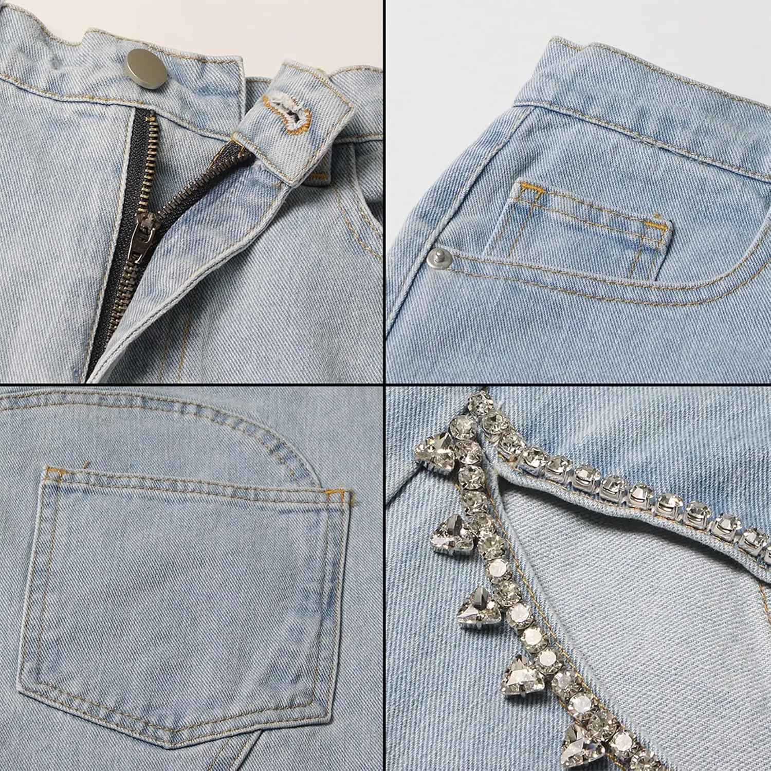 Unybwonn Women High Waist Baggy Ripped Jeans Rhinestone Trim Bling Denim Pants Y2k Straight Wide Leg Pants Streetwear