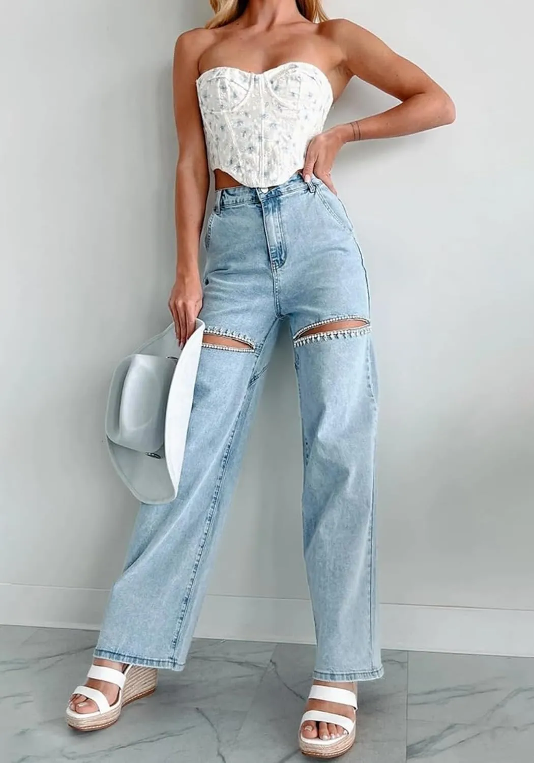 Unybwonn Women High Waist Baggy Ripped Jeans Rhinestone Trim Bling Denim Pants Y2k Straight Wide Leg Pants Streetwear