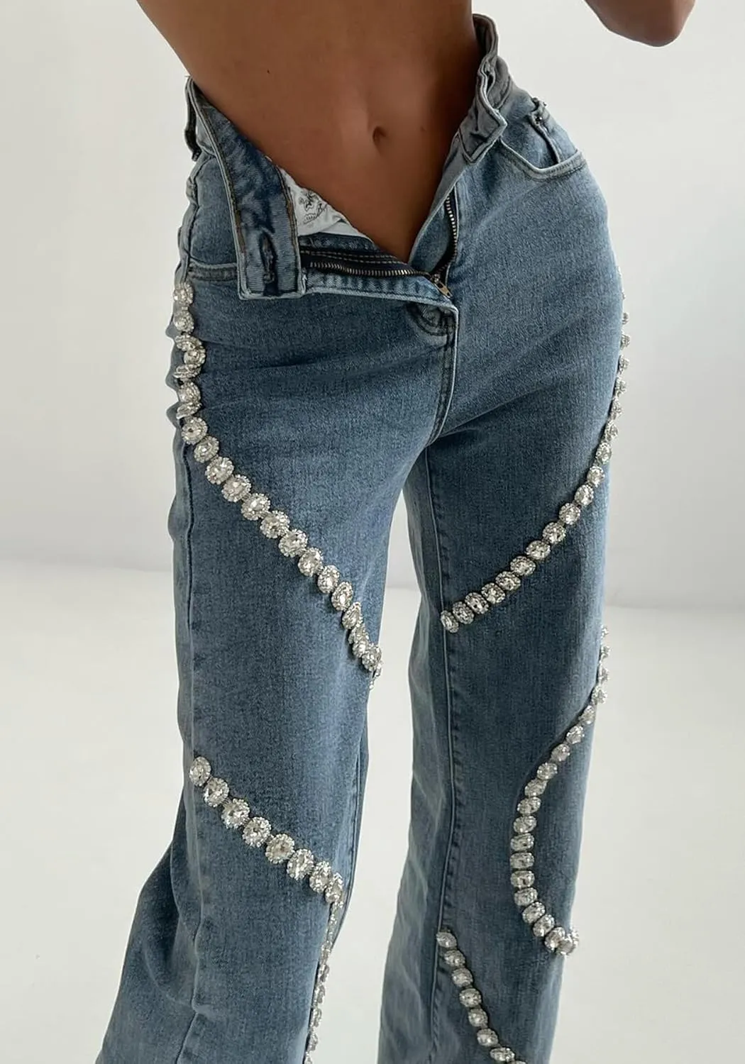 Unybwonn Women High Waist Jeans Rhinestone Trim Bling Baggy Denim Pants Y2k Straight Wide Leg Trousers Streetwear