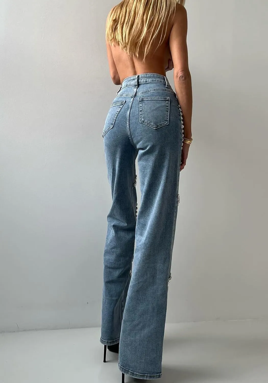 Unybwonn Women High Waist Jeans Rhinestone Trim Bling Baggy Denim Pants Y2k Straight Wide Leg Trousers Streetwear