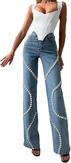 Unybwonn Women High Waist Jeans Rhinestone Trim Bling Baggy Denim Pants Y2k Straight Wide Leg Trousers Streetwear