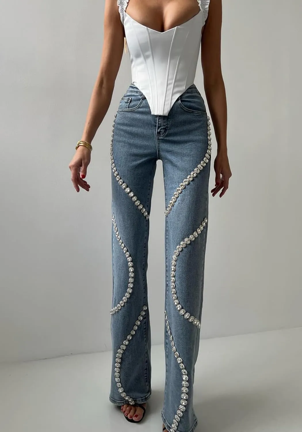 Unybwonn Women High Waist Jeans Rhinestone Trim Bling Baggy Denim Pants Y2k Straight Wide Leg Trousers Streetwear