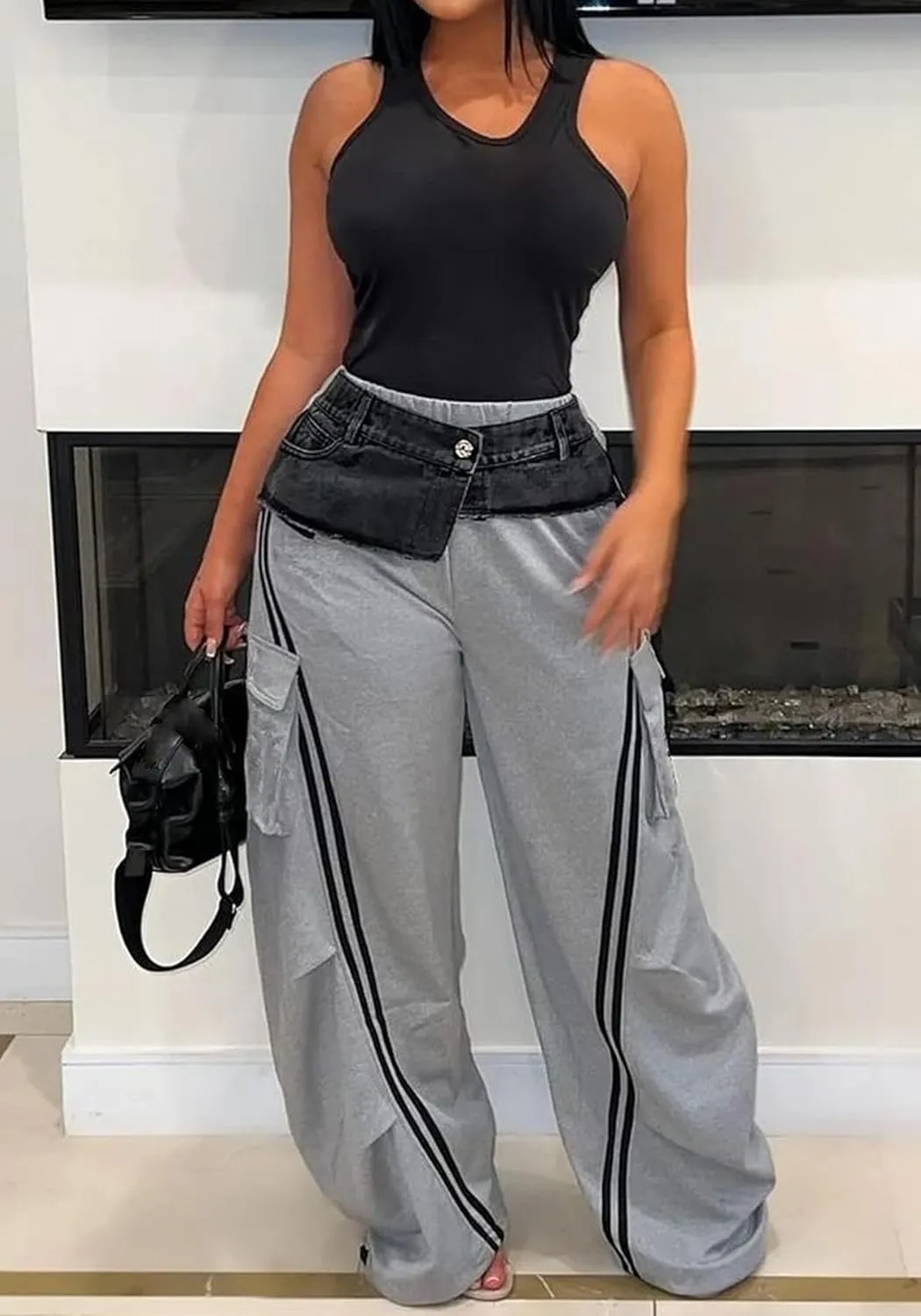 Unybwonn Women Wide Leg Cargo Sweatpants Patchwork Side Stripe Baggy Denim Pants High Waist Trendy Track Jogger Pant