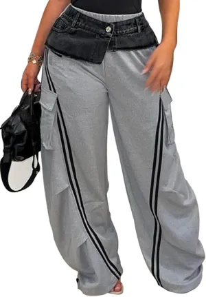 Unybwonn Women Wide Leg Cargo Sweatpants Patchwork Side Stripe Baggy Denim Pants High Waist Trendy Track Jogger Pant