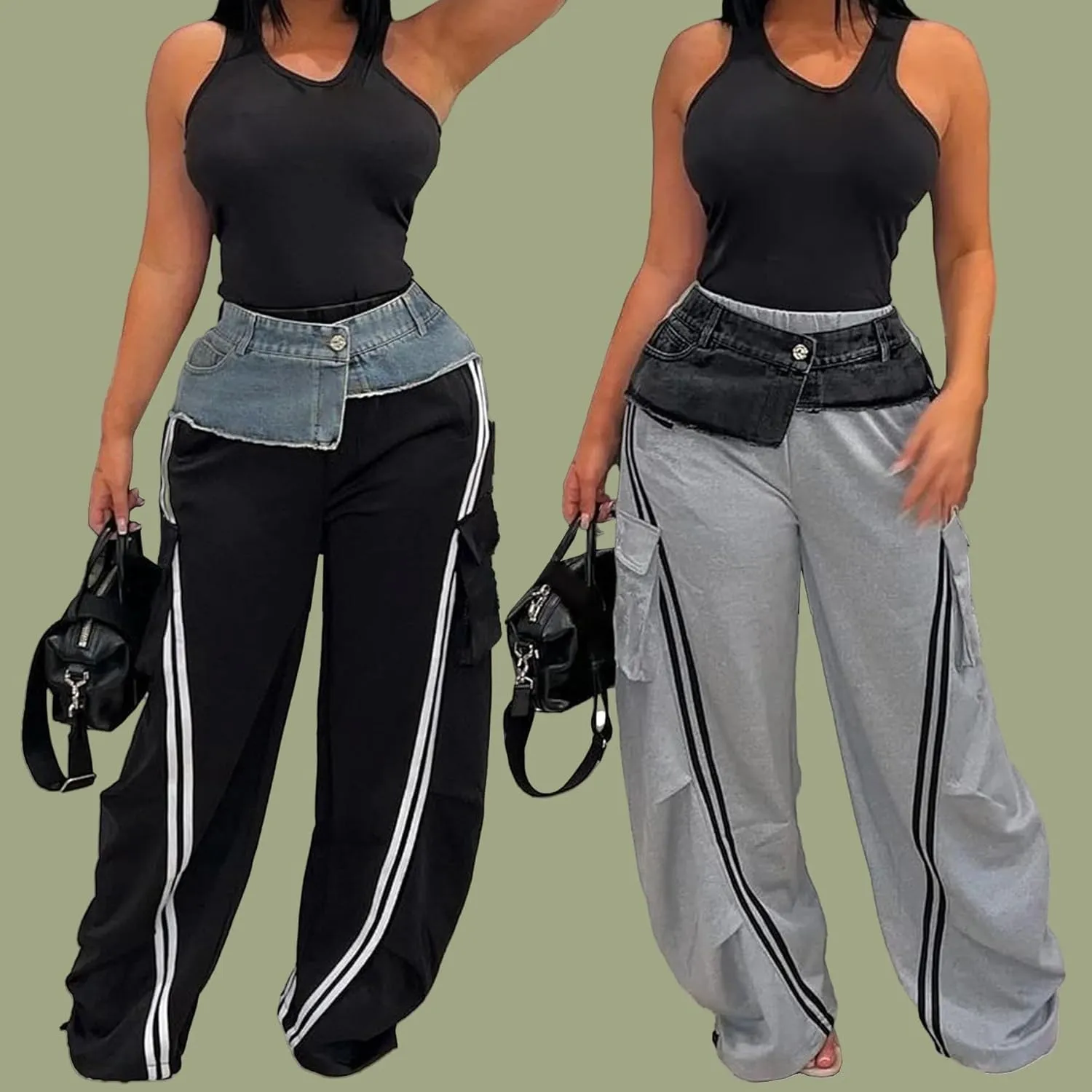 Unybwonn Women Wide Leg Cargo Sweatpants Patchwork Side Stripe Baggy Denim Pants High Waist Trendy Track Jogger Pant