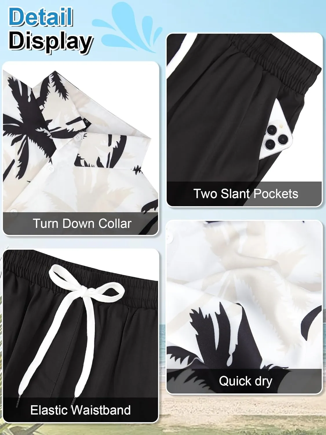 UOUA Men's Beach 2 Piece Outfits Hawaiian Flower Button Down Shirts and Shorts Sets
