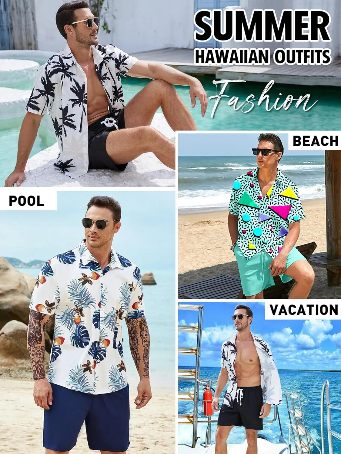 UOUA Men's Beach 2 Piece Outfits Hawaiian Flower Button Down Shirts and Shorts Sets