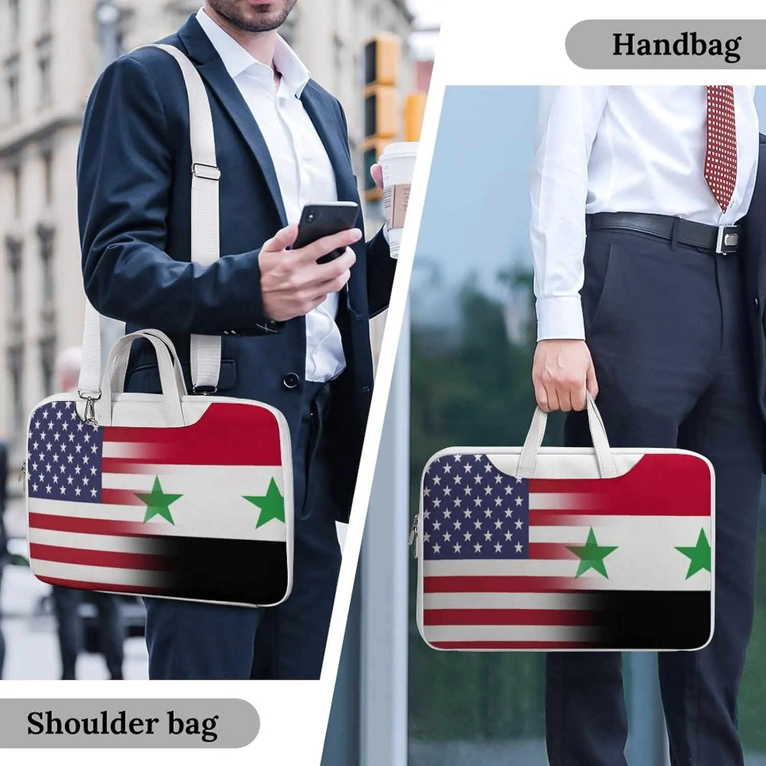 U.S.A Syria Flag Leather Bag Laptop Case Slim Water Resistant Computer Bags with Handle Briefcase for Work