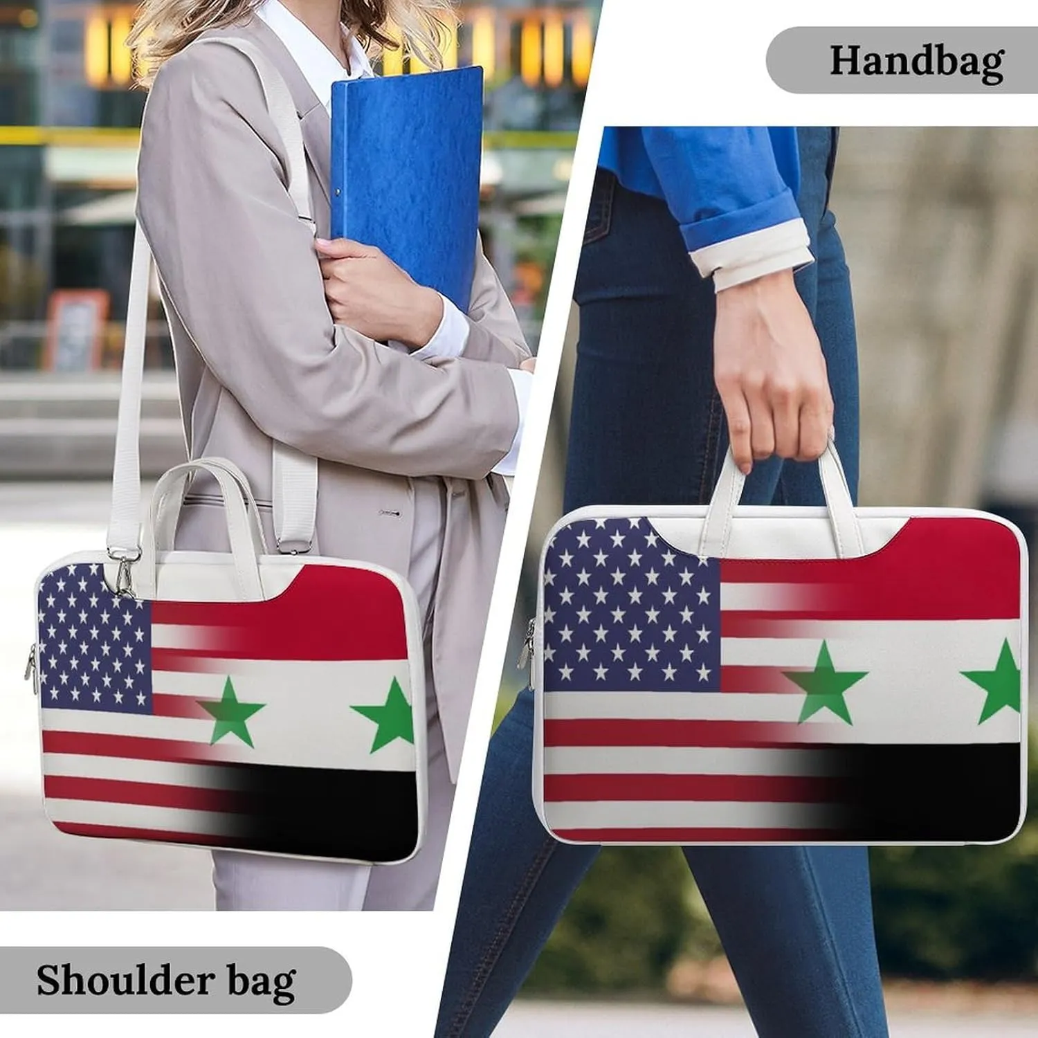 U.S.A Syria Flag Leather Bag Laptop Case Slim Water Resistant Computer Bags with Handle Briefcase for Work