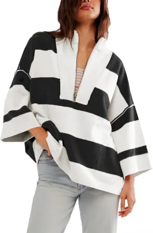 utcoco Oversized Sweatshirt for Women Striped Half Zip Long Sleeve Shirts Hoodies Color Block Preppy Y2K Tops
