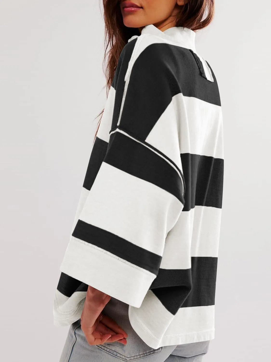 utcoco Oversized Sweatshirt for Women Striped Half Zip Long Sleeve Shirts Hoodies Color Block Preppy Y2K Tops