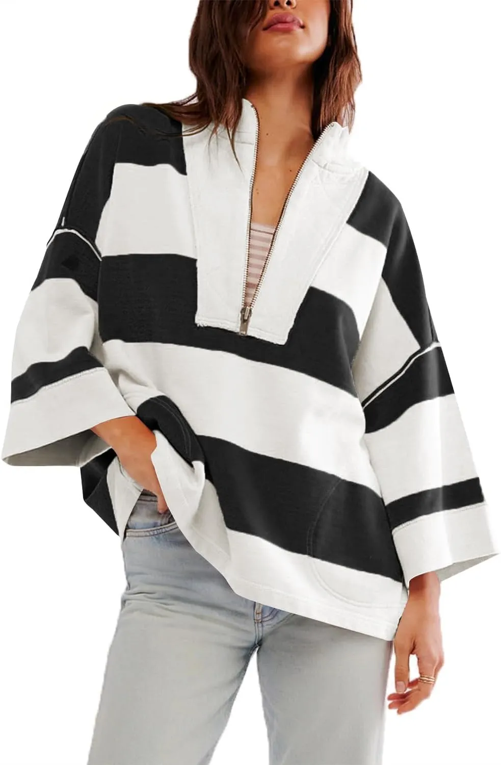 utcoco Oversized Sweatshirt for Women Striped Half Zip Long Sleeve Shirts Hoodies Color Block Preppy Y2K Tops