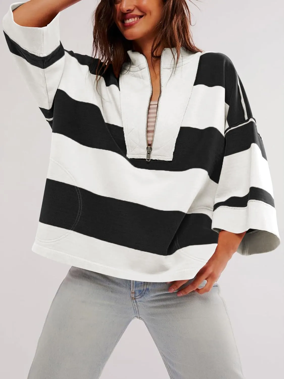 utcoco Oversized Sweatshirt for Women Striped Half Zip Long Sleeve Shirts Hoodies Color Block Preppy Y2K Tops