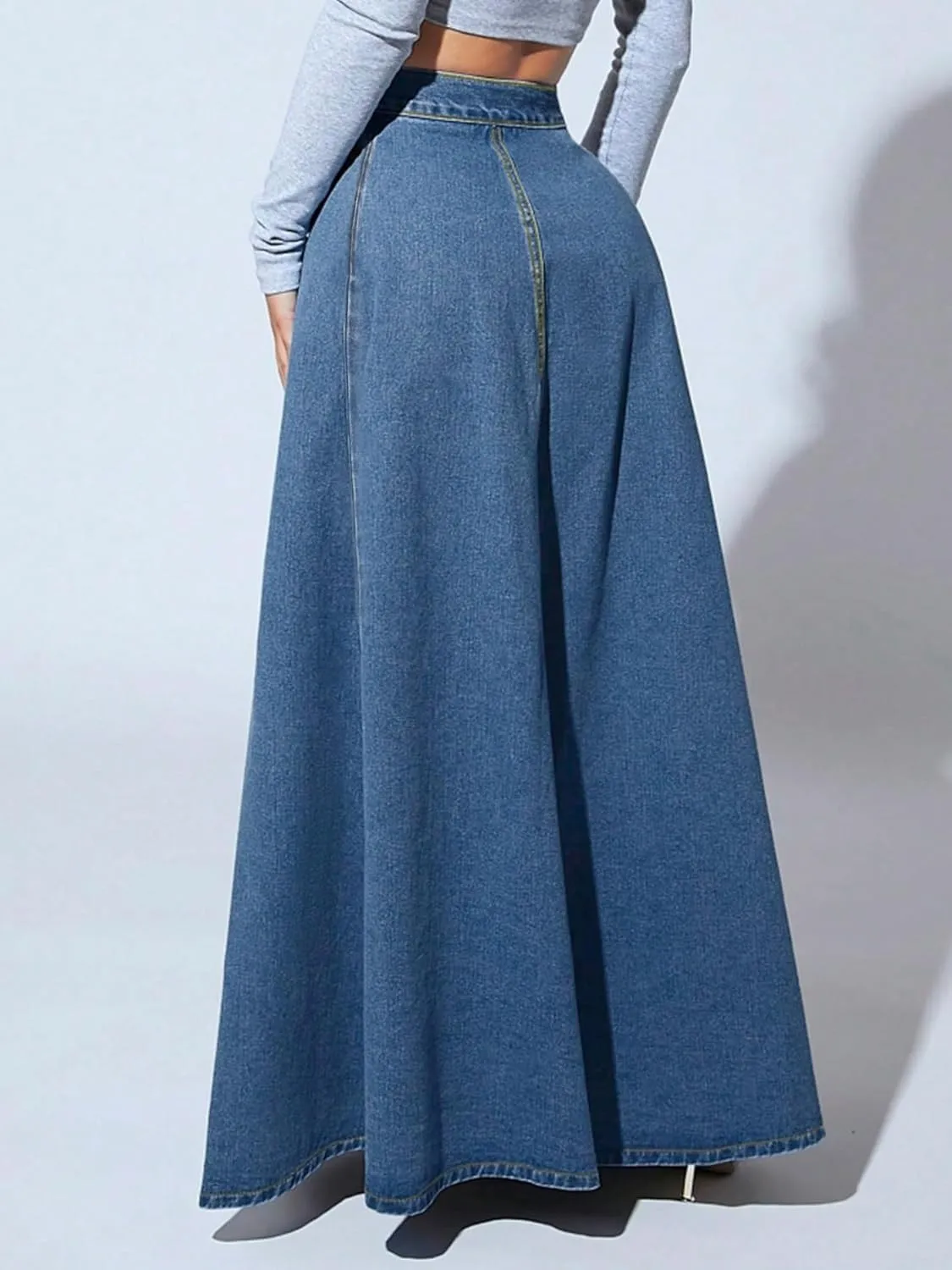 utcoco Women's 2024 Fashion High Waist Maxi Denim Skirt Button-Fly A-Line Swing Long Jean Skirts
