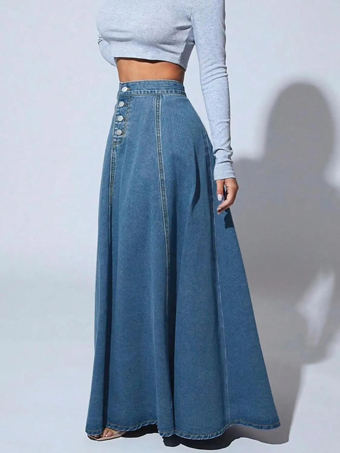 utcoco Women's 2024 Fashion High Waist Maxi Denim Skirt Button-Fly A-Line Swing Long Jean Skirts