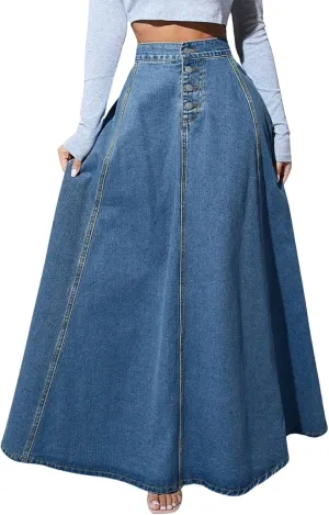 utcoco Women's 2024 Fashion High Waist Maxi Denim Skirt Button-Fly A-Line Swing Long Jean Skirts