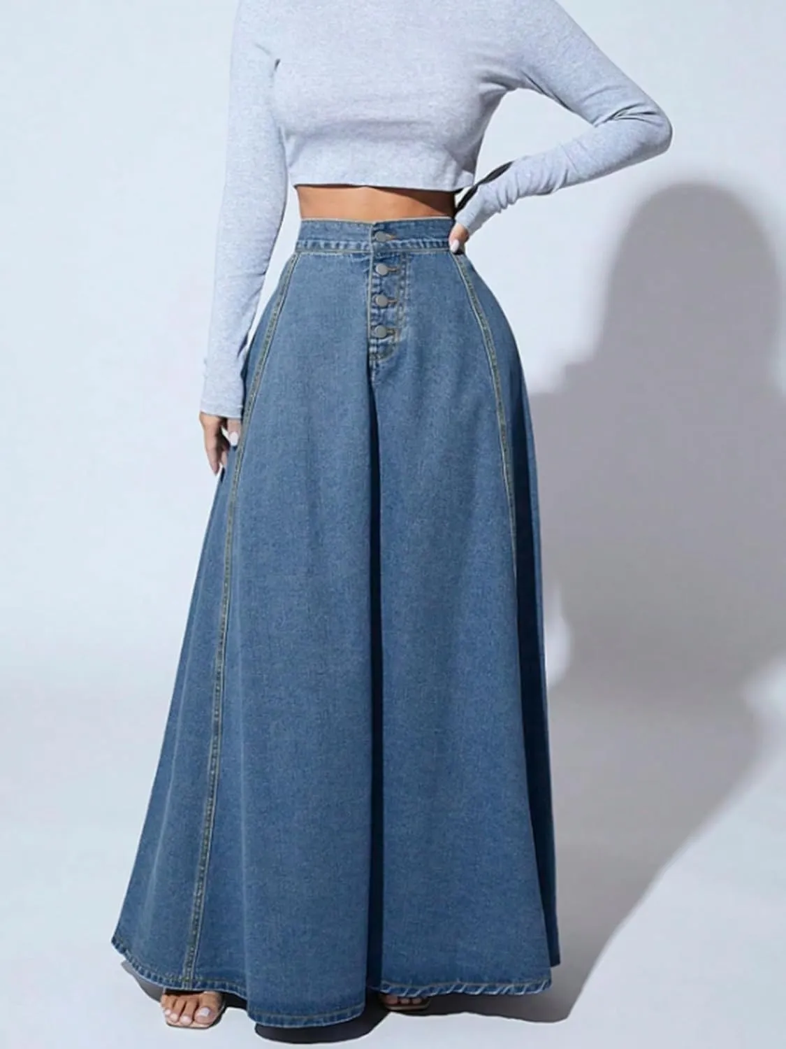 utcoco Women's 2024 Fashion High Waist Maxi Denim Skirt Button-Fly A-Line Swing Long Jean Skirts