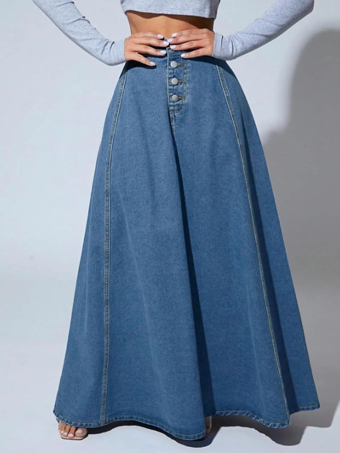 utcoco Women's 2024 Fashion High Waist Maxi Denim Skirt Button-Fly A-Line Swing Long Jean Skirts