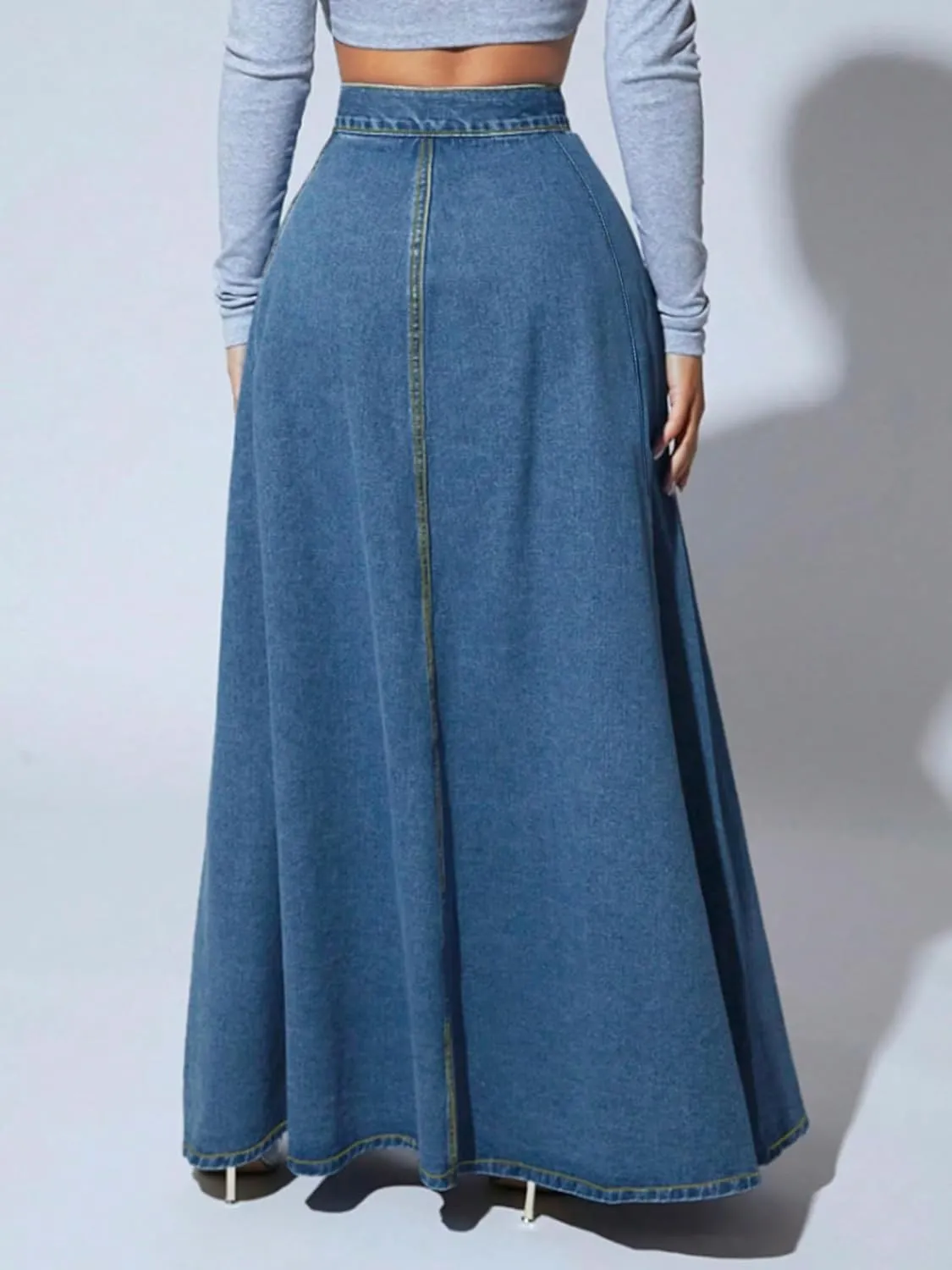 utcoco Women's 2024 Fashion High Waist Maxi Denim Skirt Button-Fly A-Line Swing Long Jean Skirts