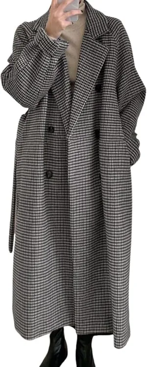 utcoco Womens Plaid Tweed Blazer Trench Coat Notched Double Breasted Belted Midi Pea Coat