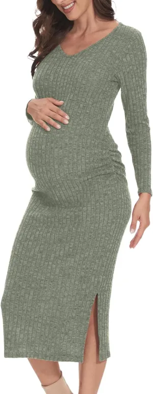 V Neck Side Ruch Knit Ribbed Maternity Bodycon DressMaternity Dress for Baby Shower