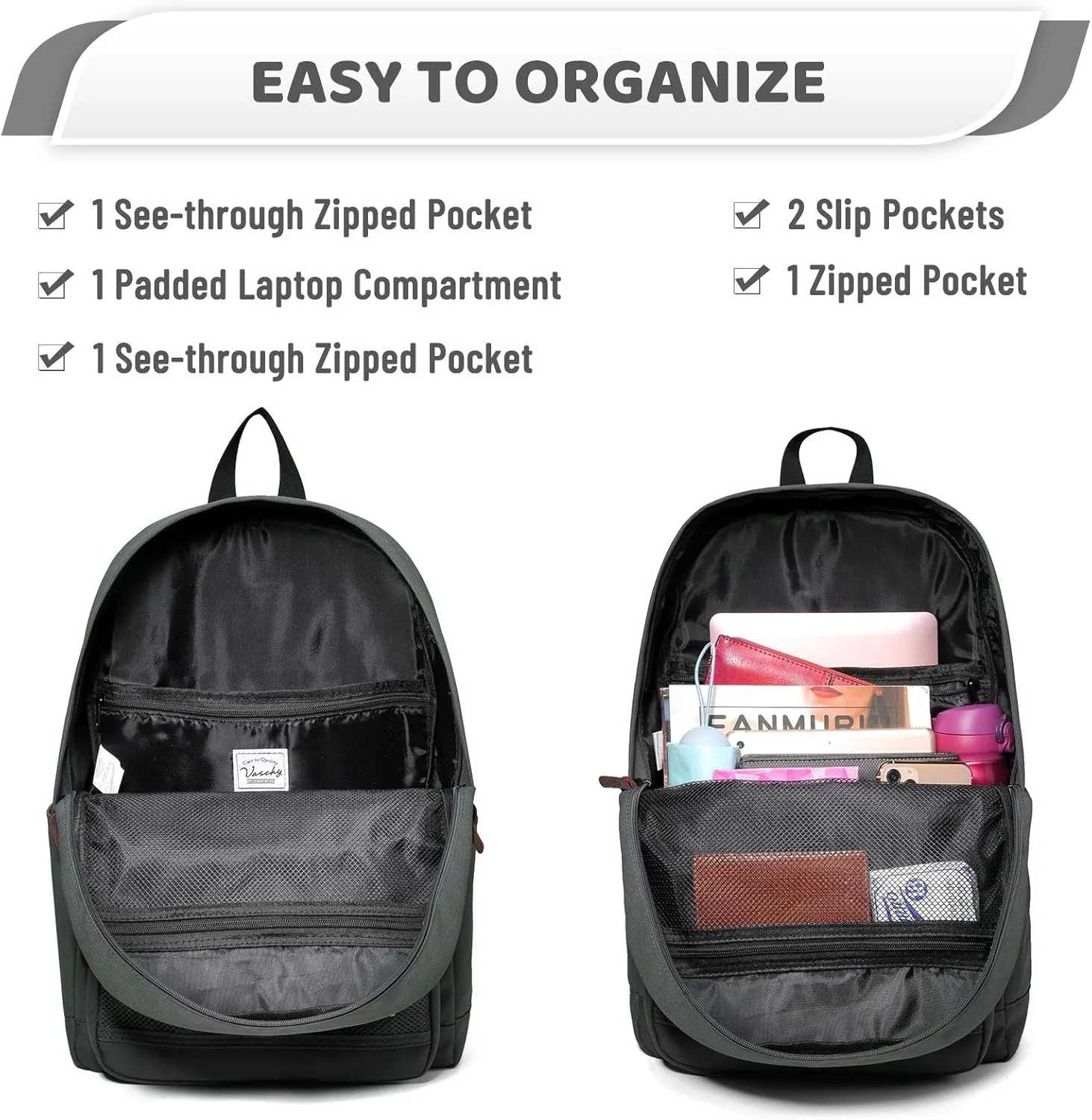 VASCHY School Backpack, Water Resistant Lightweight Casual Backpack for Men Women with Padded Laptop Sleeve Dark Gray