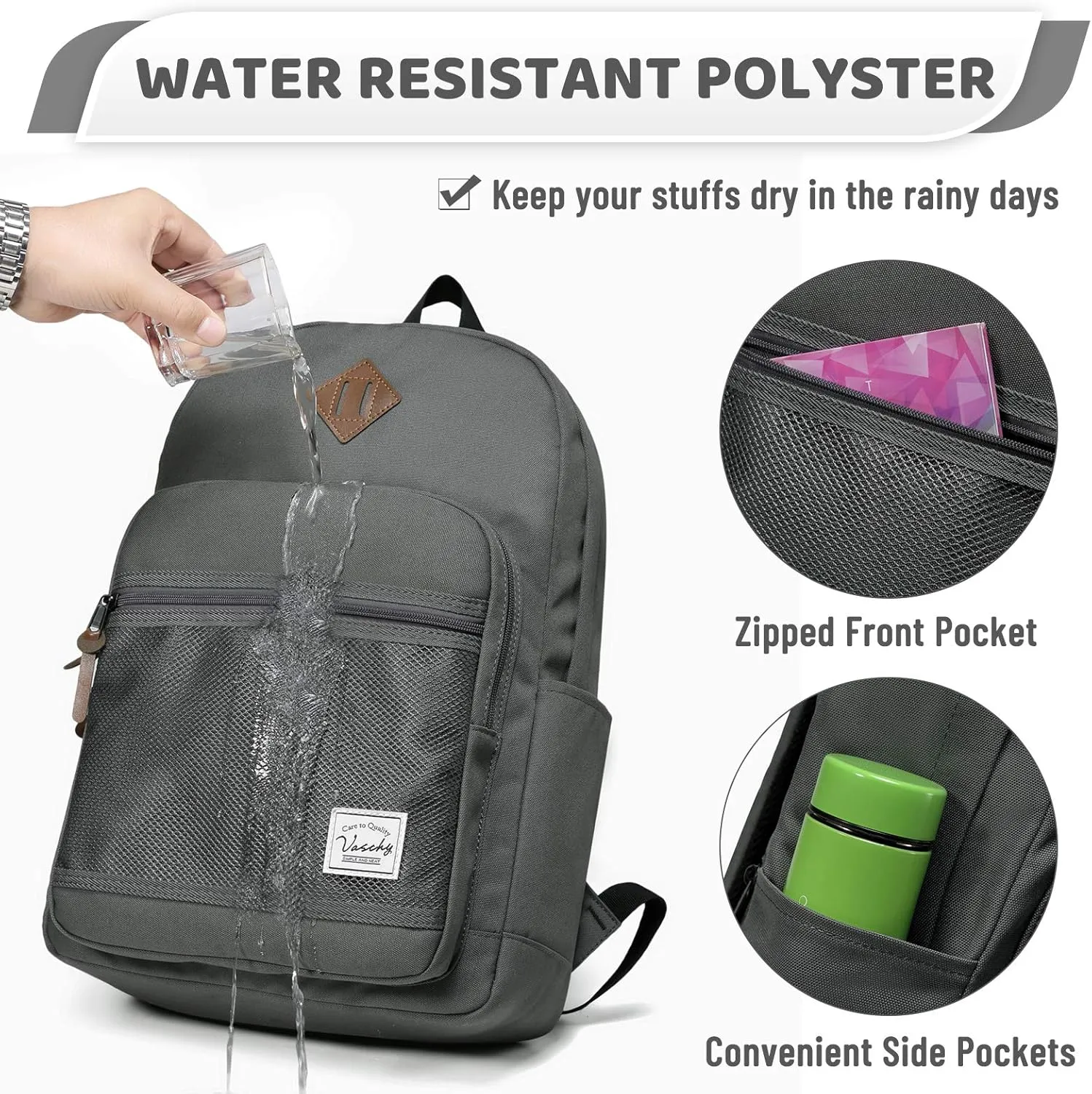 VASCHY School Backpack, Water Resistant Lightweight Casual Backpack for Men Women with Padded Laptop Sleeve Dark Gray
