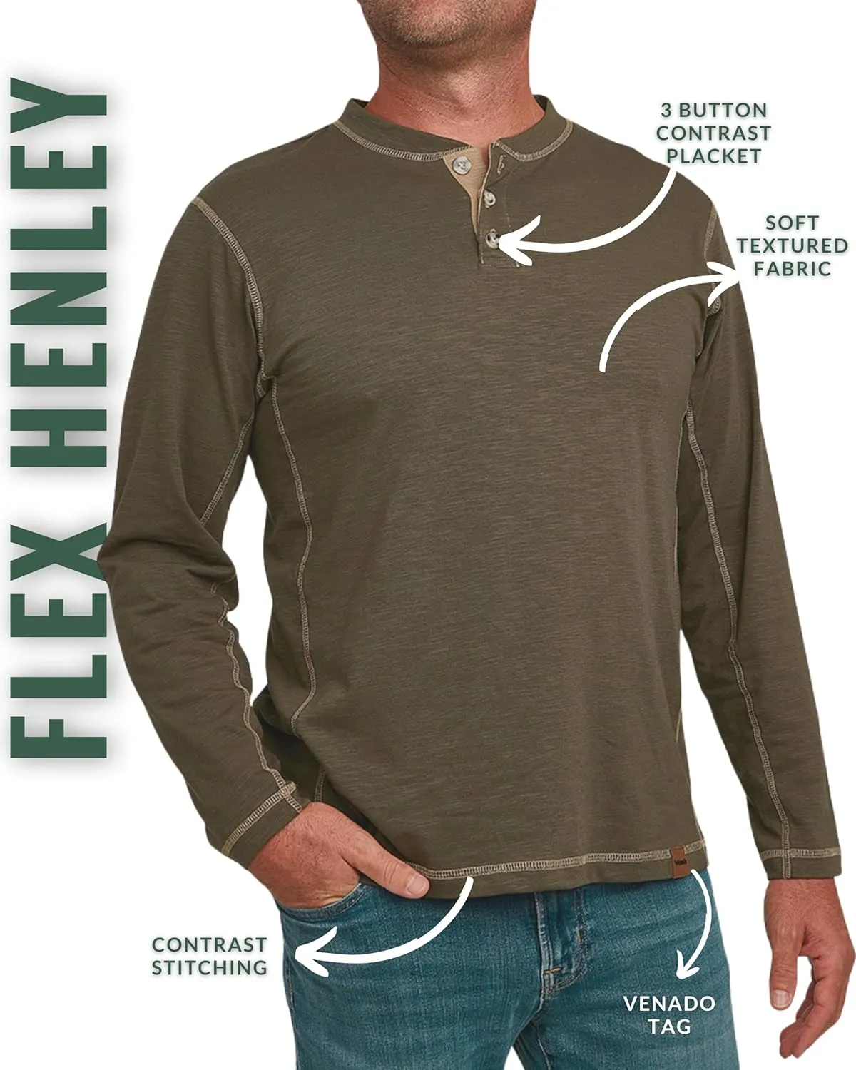 Venado Henley Long Sleeve Shirts for Men - Mens Henley with Flex Material