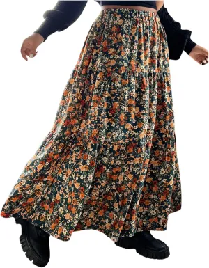 Verdusa Women's Plus Size Boho Floral Flowy Maxi Skirts Tiered High Waisted Ruffle Skirt