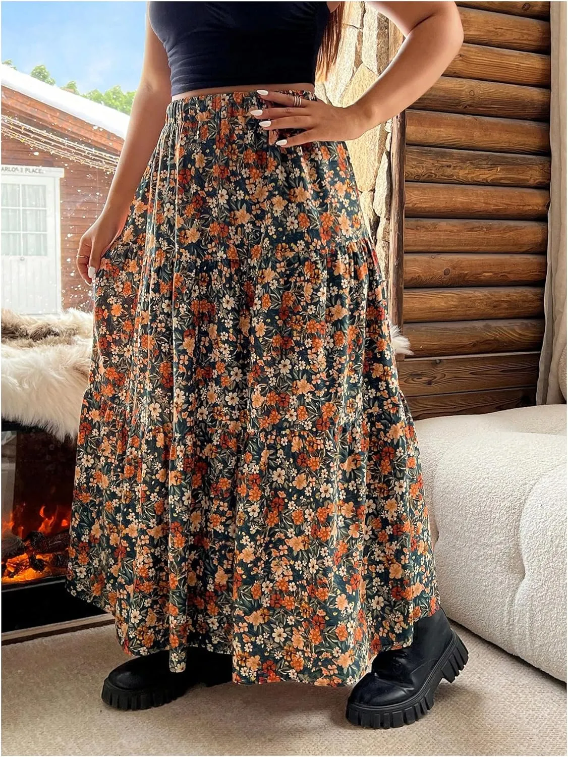 Verdusa Women's Plus Size Boho Floral Flowy Maxi Skirts Tiered High Waisted Ruffle Skirt