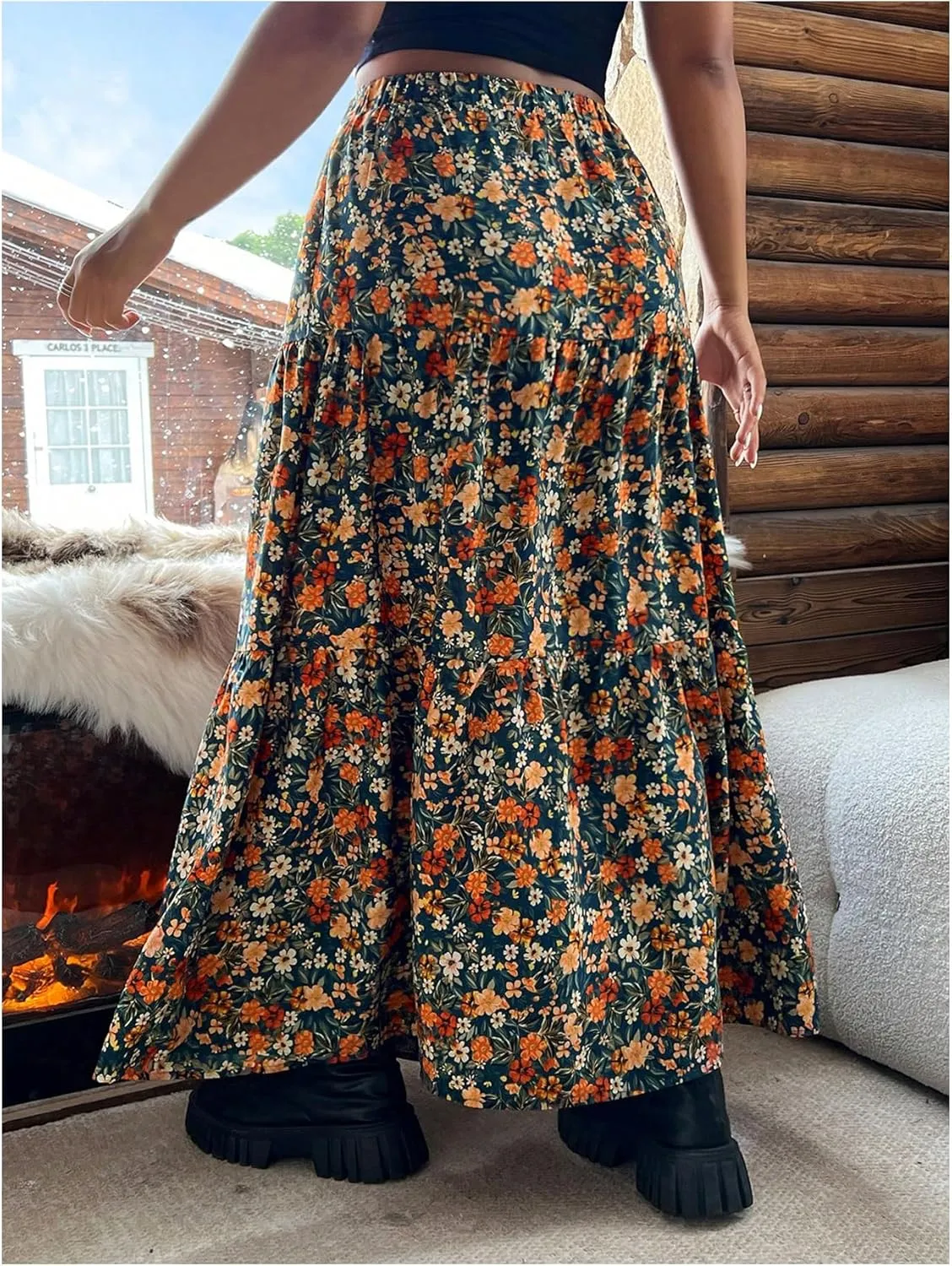 Verdusa Women's Plus Size Boho Floral Flowy Maxi Skirts Tiered High Waisted Ruffle Skirt