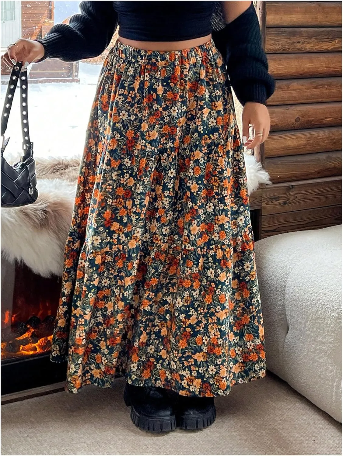 Verdusa Women's Plus Size Boho Floral Flowy Maxi Skirts Tiered High Waisted Ruffle Skirt