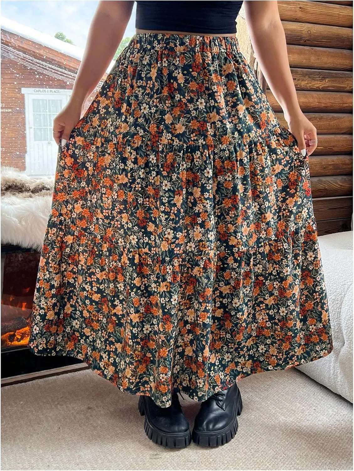 Verdusa Women's Plus Size Boho Floral Flowy Maxi Skirts Tiered High Waisted Ruffle Skirt