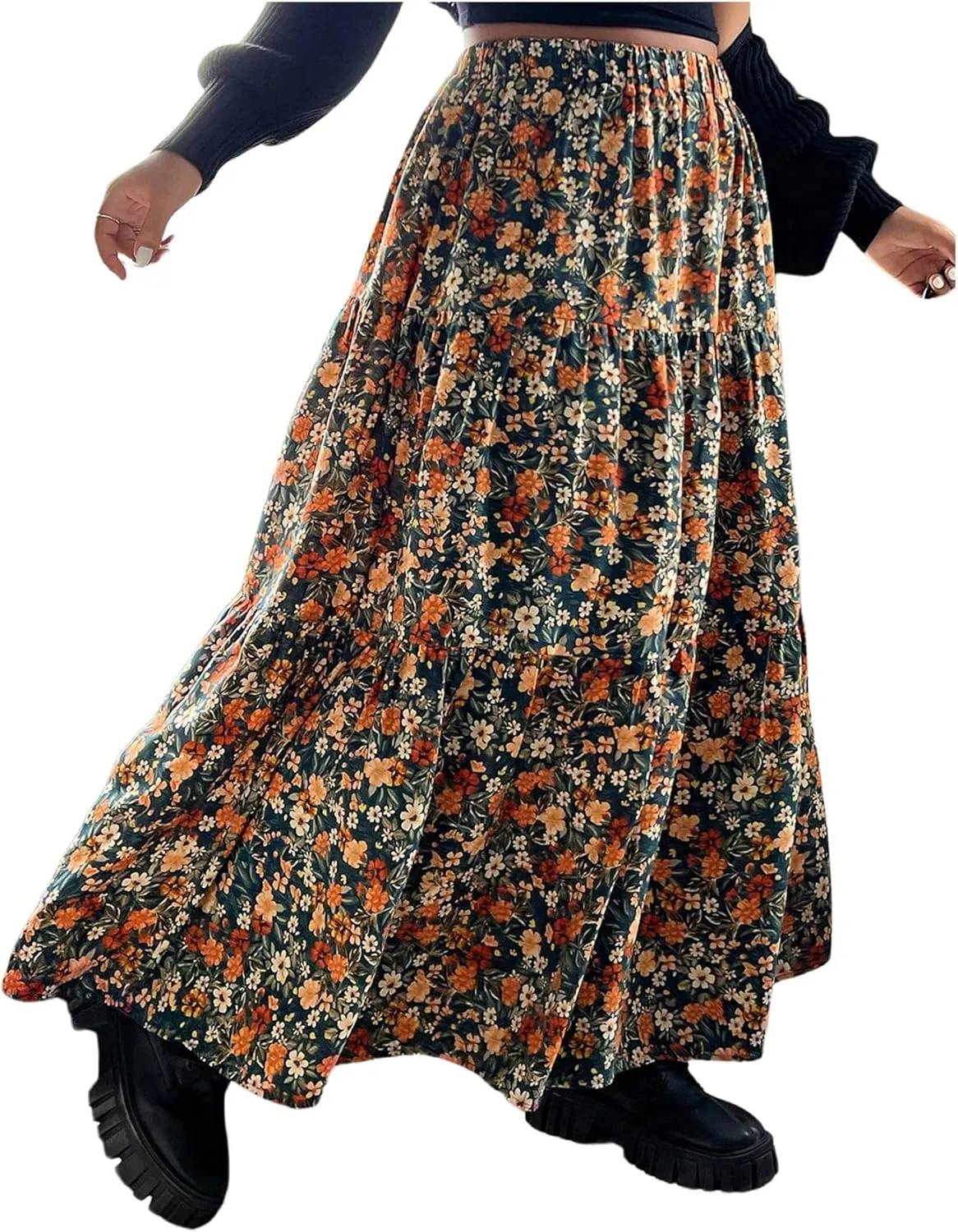 Verdusa Women's Plus Size Boho Floral Flowy Maxi Skirts Tiered High Waisted Ruffle Skirt